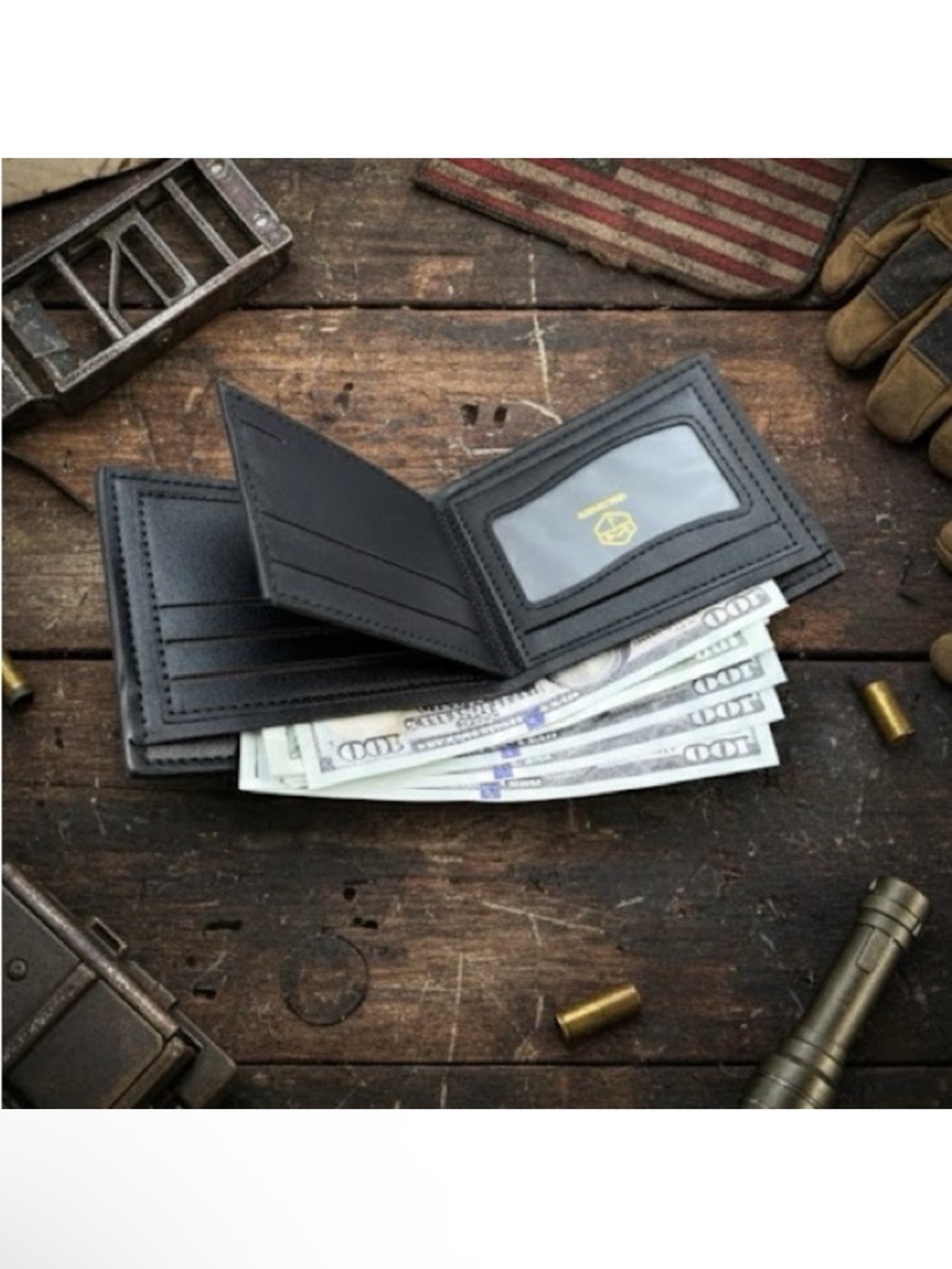 Men's Black Bifold Wallet with Embossed Flag - Picture 2 of 4